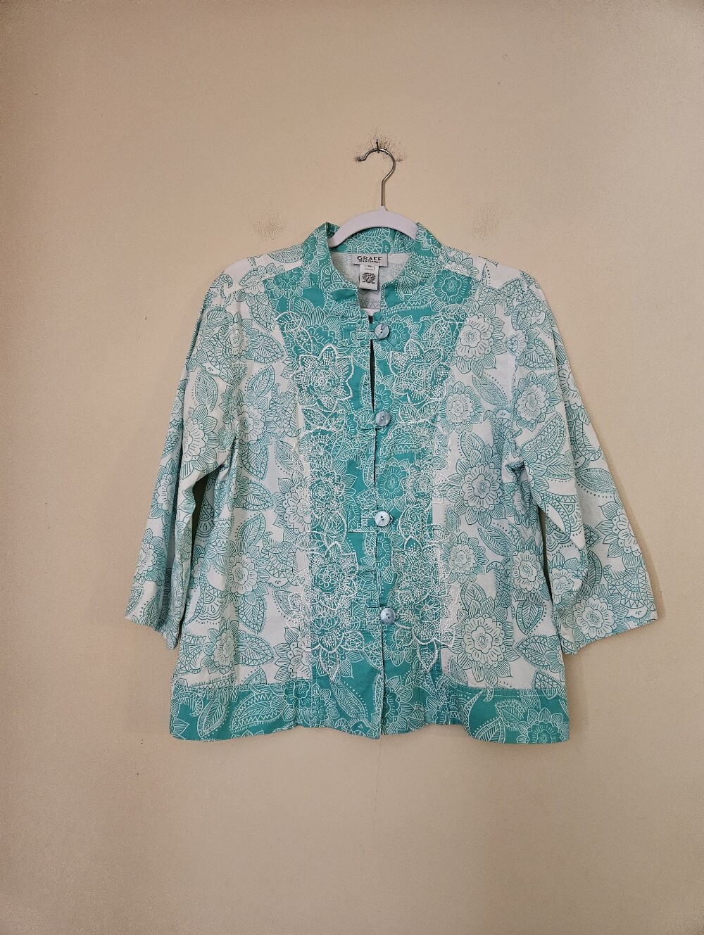Graff By Um Company Teal Floral Button-Front Top, Size Medium